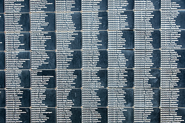 Names of known victims of the 1994 Rwandan Genocide lines the walls of the Kigali Genocide Memorial, Kigali, Rwanda.