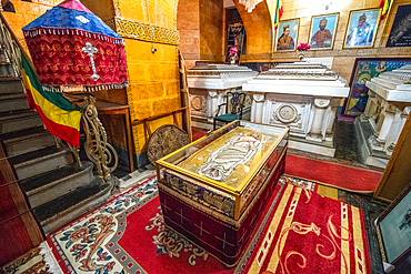 Royal tombs and artifacts within the Beata Maryam Church, resting place of Menelik II and his wife and daughter. Addis ababa, Ethiopia.