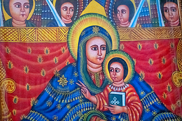 A painting of Mary and Jesus inside the rock hewn monolithic church of Bet Medhane Alem (Church of the World Savior) in Lalibela, Ethiopia