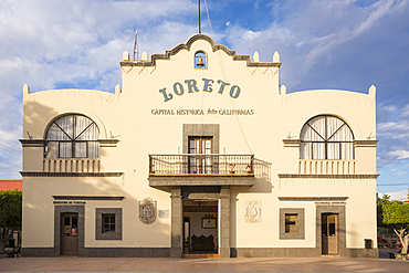 City Hall on Plaza Benito Juarez in Loreto, Baja California Sur, Mexico. Loreto was the first Spanish colonial city in Baja and the original capitol of all of California. According to some sources the oldest inhabited area of the Baja Peninsula.