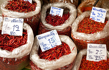 Chili peppers for sale at Pratu Chiang Mai market in Chiang Mai, Thailand.