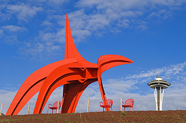 Alexander Calder's "Eagle" in the Seattle Art Museum's Olympic Sculpture Park with the Space Needle in the distance; Seattle, Washington.