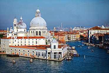 The Basilica di Santa Maria della Salute (Basilica of Saint Mary of Health) and entrance to the Grand Canal, from the Canale di San Marco, Venice