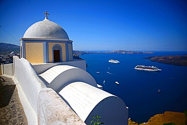 Hillside church in Fira, Santorini, Greek Islands, Greece