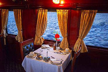 Restaurant car of the The Rovos Rail luxury train travelling between Cape Town and Pretoria in South Africa Pride of Africa beautifully rebuilt Classic train that form part of the luxurious and privately owned Rovos Rail fleet