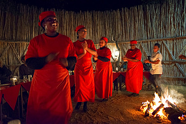 Night dinner wiht fire and dances at Mala Mala Game Reserve Sabi Sand Park Kruger South Africa, Africa