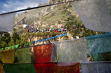 Lhasa Drepung Monastery Shoton festival or Shodon Festival with the unrolling of the huge thangka, a silk painting depicting Buddha Lhasa Tibet. Yogurt festival.