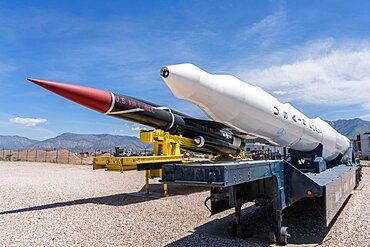 A Boeing LGM-30 Minuteman-I intercontinental ballistic missile in the Hill Aerospace Museum. Behind is a Bomarc anti-aircraft missile.