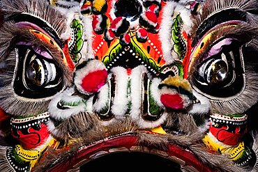 Detail of a Chinese lion dance mask used for celebrating the Chinese New Year.