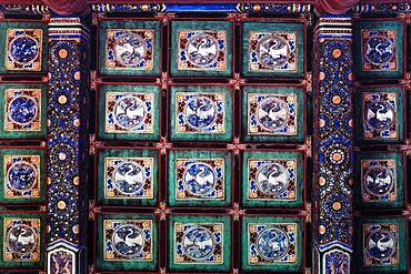 White herons painted on ceiling tiles in the throne room of the Palace of Supreme Harmony. Forbidden City, Beijing, China.