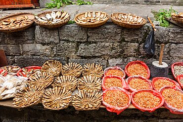 Baskets of dried fish and shrimp for sale on the street in the ancient town of Furong, China.