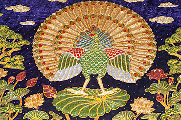 Embroidery depicting a peacock, Mandalay, Myanmar, (Burma)