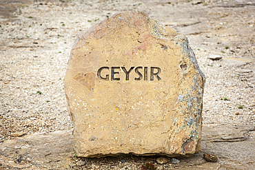 Geysir name carved in stone, Geysir hot springs area, Haukadalur geothermal area, Southwest Iceland