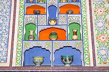 Ceramic pots on shelves in reception room, House of Alexander Polovtsev, Museum of Applied Arts, Tashkent, Uzbekistan