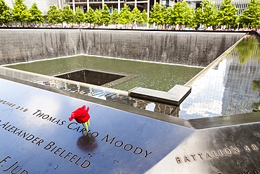 One of the two waterfalls at National September 11 Memorial, World Trade Center, Manhattan, New York City, New York, USA