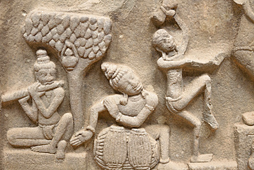 Carved Cham stone relief exhibit at My Son, Quang Nam province, Vietnam