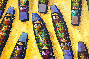 Painting of boats in a floating market, Yangon, (Rangoon), Myanmar, (Burma)