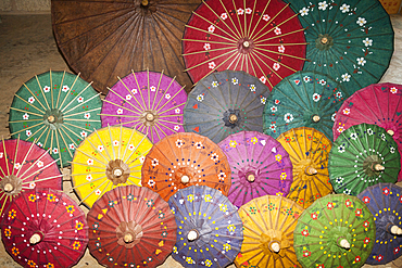 Colourful umbrellas for sale at a paper making workshop, Heho, near Taunggyi, Myanmar, (Burma)