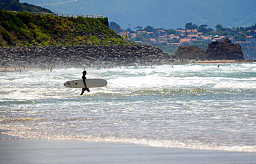 Surfers on Cote des Basques beach at sunset, Biarritz