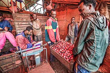 Addis Ababa, Ethiopia- Onions for sale at the Addis Mercato, the largest open air market in Africa.