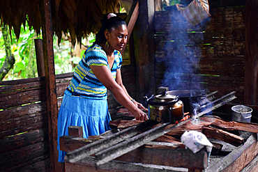 Virgilia, mother of a Bribri family, preparing natural cacao drink at tribe house, A day with the Bribri, indigenous people in Lim?n Province of Costa Rica,