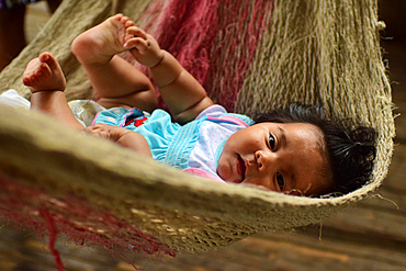 Female bribri baby (Simea) in handmade hammock inside a hut, A day with the Bribri, indigenous people in Lim?n Province of Costa Rica,