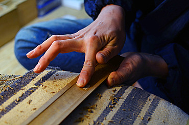 Japanese Sword Scabbard (Koshirae) Maker, Atsuhiro Morii, working at his workshop. Yokohama, Japan