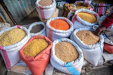 Canvas sacks filled with lentils and other produce for sale, Mekele, Ethiopia. Mekele, Ethiopia