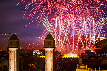 Fireworks at Avinguda Reina Maria Cristina during La Merce Festiva, Barcelona. Catalonia. Spain