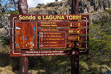 The park trail sign for the Laguna Torre Trail in Los Glaciares National Park near El Chalten, Argentina.  A UNESCO World Heritage Site in the Patagonia region of South America.