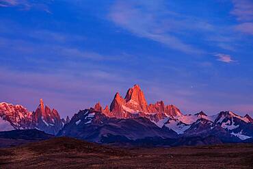 The Fitz Roy Massif in pastel pre-dawn morning twilight.   Los Glaciares National Park near El Chalten, Argentina.  A UNESCO World Heritage Site in the Patagonia region of South America.