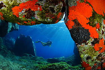 Diver in a nice cave of Capraia island, Tuscan archipelago.