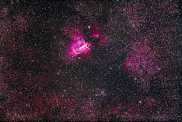 Messier 17, the Swan Nebula, aka the Omega or Checkmark Nebula, with the open cluster M18 below it.