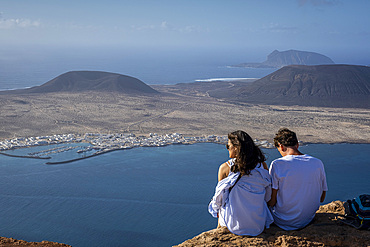 Panorama of La Graciosa Island with Caleta del Sebo town, from Mirador del Rio. Lanzarote, Canary Islands, Spain