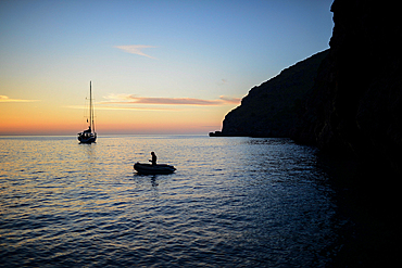 Sailing boat at sunset in Torrent de Pareis, Mallorca, Spain