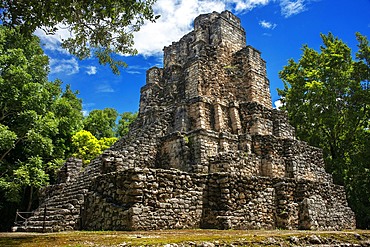 Estructura 8I-13 El Castillo at Chunyaxche Muyil Maya ruins, rainforest near Tulum, Yucatan Peninsula, Quintana Roo, Mexico