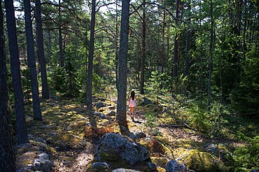 Wild nature forest near Jungfrudansen stone labyrinth in Finby near Nagu Archipelago trail Finland Southwest Finland Turku archipelago. Nature walk to a turf maze know as a ���virgin dance���. This is part of St Olav Waterway, a new long distance pilgrims hiking path from Turku to Trondheim in Norway. Trondheim was the Nordic Santiago de Compostela in the Middle Ages.