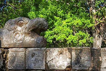 Serpent head sculpture in Mayan Ruin of Chichen Itza Archaeological Site in Yucatan Peninsula, Quintana Roo, Caribbean Coast, Mexico