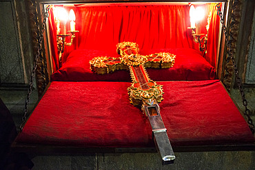 The cross of the monastery Santo Toribio in northern Spain gets out the holy relic, said to be part of the cross on which Jesus died Inside Santo Toribio de Liebana monastery. Liébana region, Picos de Europa, Cantabria Spain, Europe