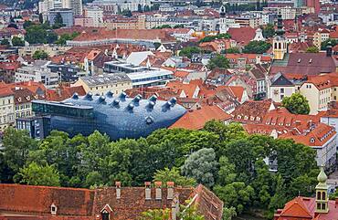 Roofs of the city and Kunsthaus, Graz Art Museum, view from Schlossberg, castle mountain, Graz, Austria