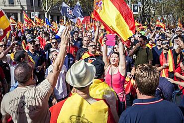 Anti-independence Catalan protestors carry Spanish flags during a demonstration for the unity of Spain on the occasion of the Spanish National Day at Catalunya square in Barcelona on October 12, 2014