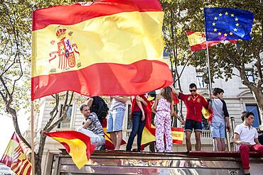 Anti-independence Catalan protestors carry Spanish flags during a demonstration for the unity of Spain on the occasion of the Spanish National Day at Passeig de Gracia, Barcelona on October 12, 2014, Spain