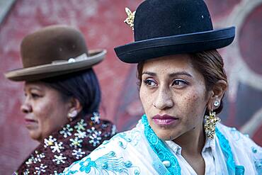 At right Benita la Intocable , at left Angela la Folclorista, cholitas females wrestlers, El Alto, La Paz, Bolivia