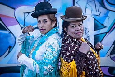 At left Benita la Intocable , and at right Angela la Folclorista, cholitas females wrestlers, El Alto, La Paz, Bolivia