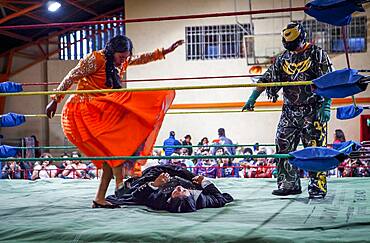 Lucha Libre. Combat between Dina with orange dress and Julieta, cholitas females wrestlers ,with a referee, Sports center La Ceja, El Alto, La Paz, Bolivia