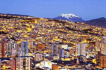 Panoramic view of the city, in background  Illimani mountain 6462 m, La Paz, Bolivia