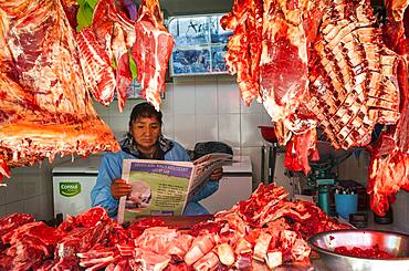 Woman reading, Butcher shop, Market of Potosi, in calle Bolivar at calle Bustillos, Potosi, Bolivia