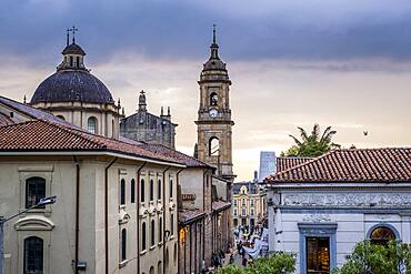 Calle 11 or 11 Street, in background Catedral Primada or cathedral, skyline, historic center, old town, Bogota, Colombia