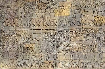 Representation, Ramayana epic, Bas-relief carvings, in Bayon temple, Angkor Thom, Angkor, Siem Reap, Cambodia