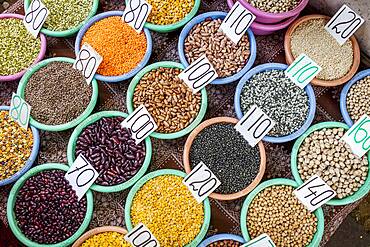 Spices on display, Spice market, in Khari Baoli, near Chandni Chowk, Old Delhi, India